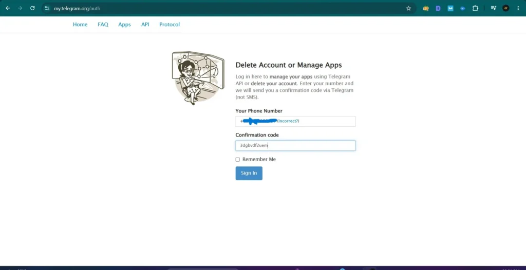 Delete your Telegram account using the official deactivation page
