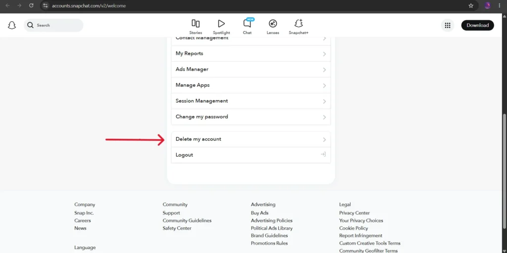 Delete Snapchat Account using a Web Browser